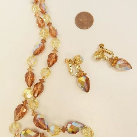 VTG Vendome Goldtone Brown Yellow AB Crystals Necklace & Drop Earrings Set - Picture 6 of 6